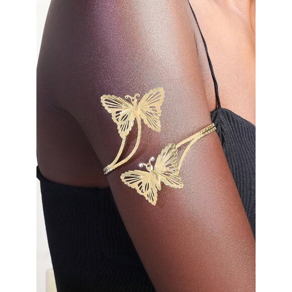 Elegant Gold Butterfly Cuff Bracelet - Adjustable Floral Arm Jewelry for Women - Picture 2 of 9